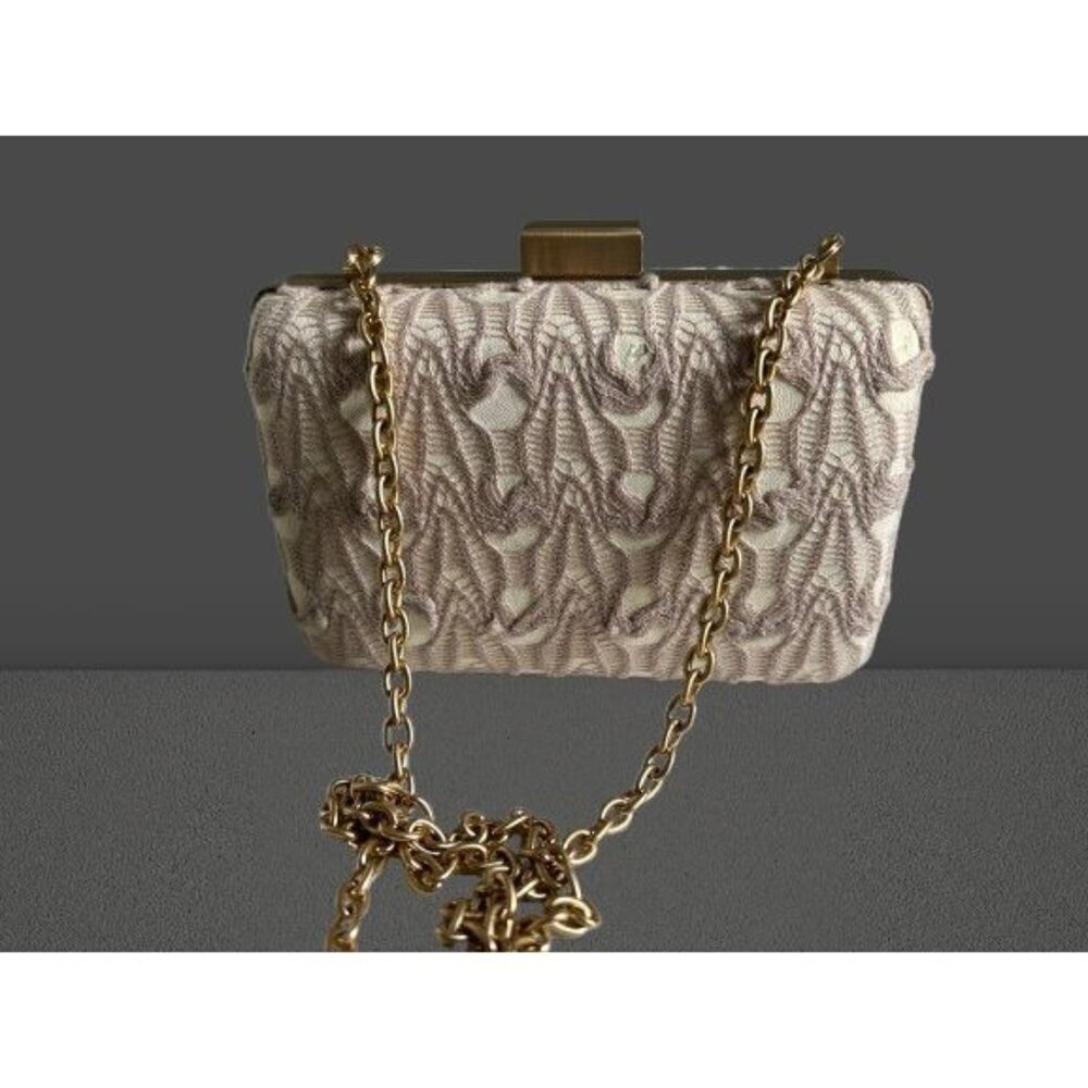 Sondra Roberts Box Clutch Lace Embroidered Beige Cream Gold Chain